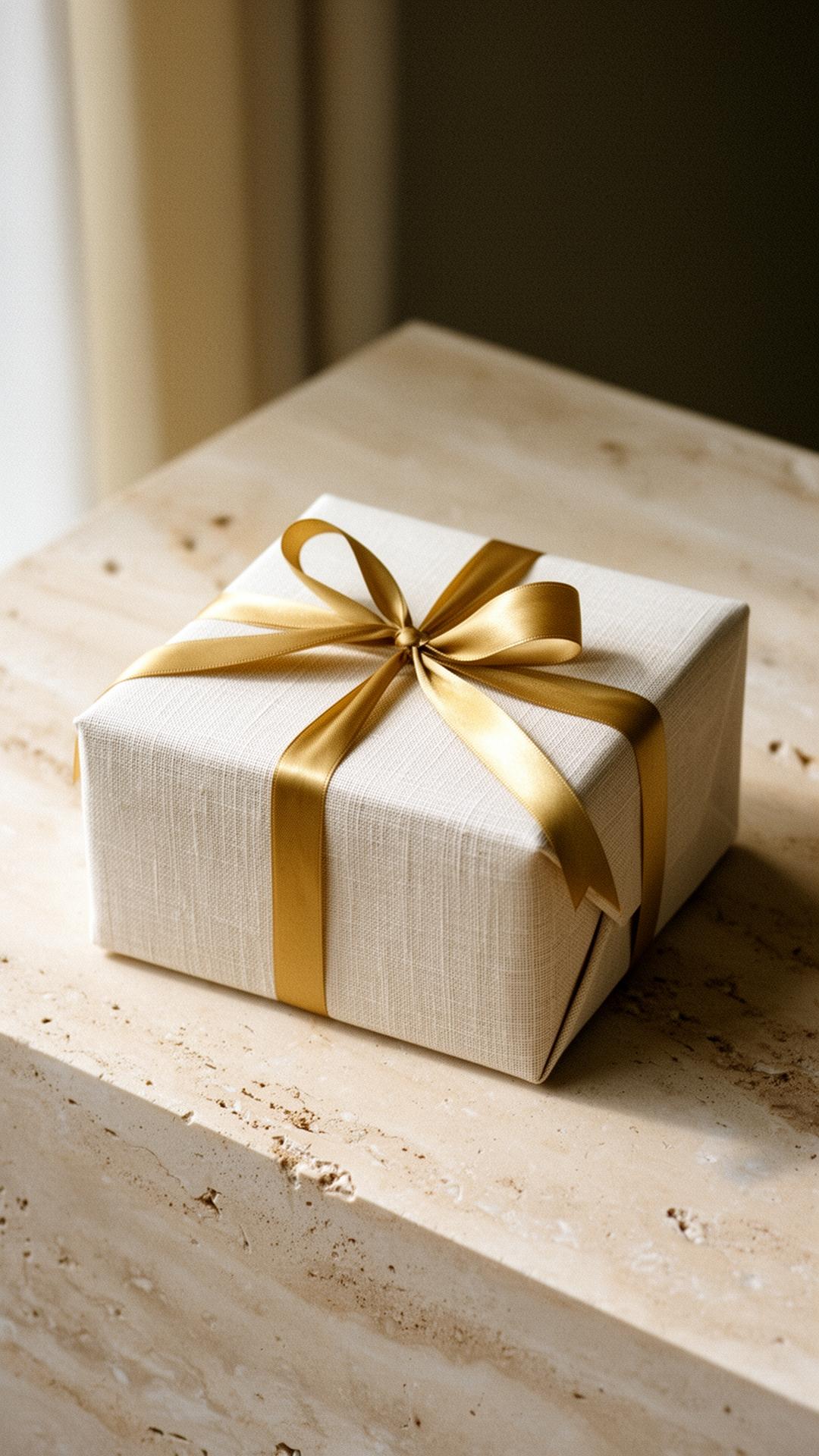 A linen-wrapped gift voucher tied with a gold ribbon
