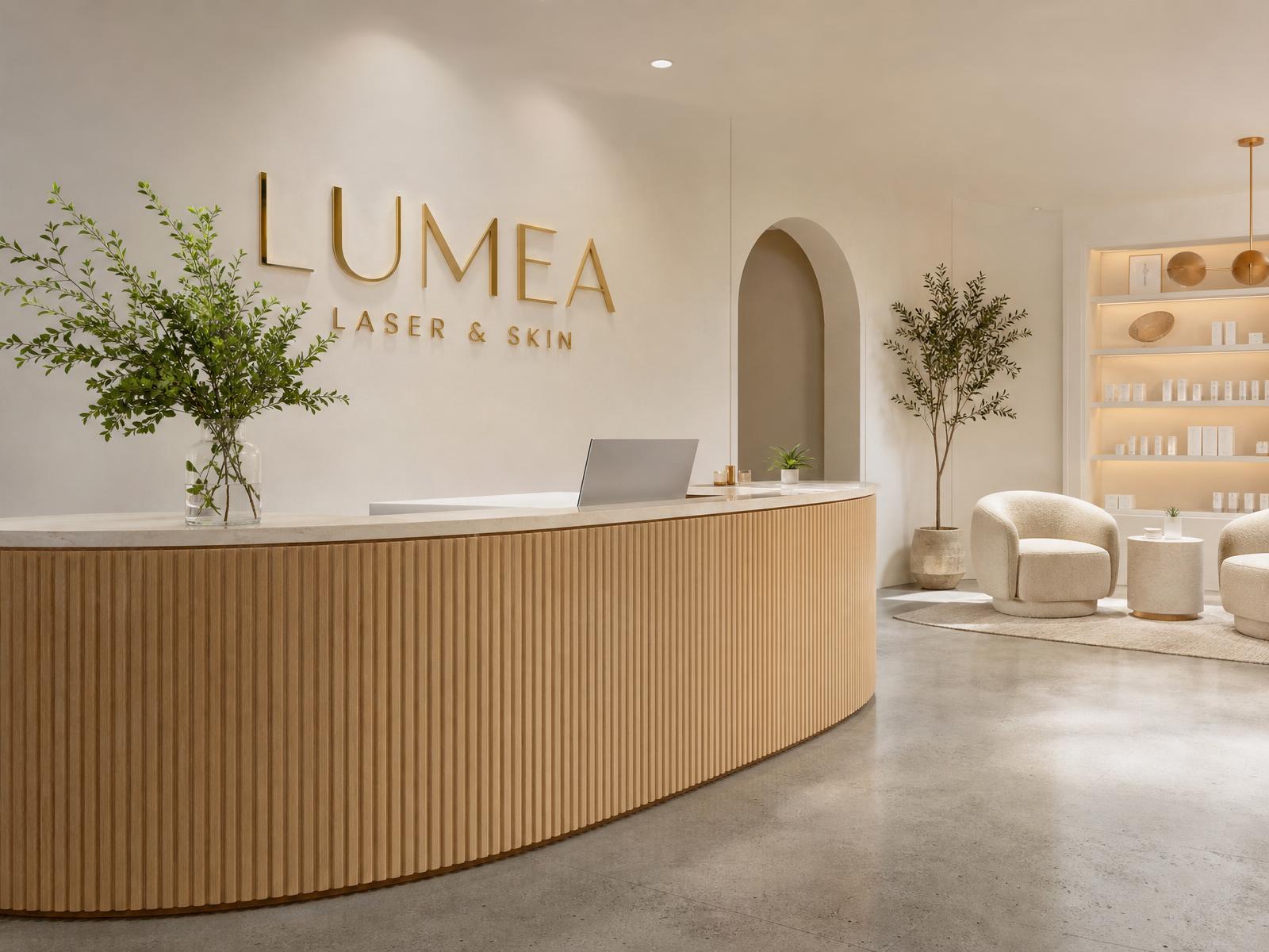 Lumea Laser & Skin reception with brass wall logo and fluted oak desk