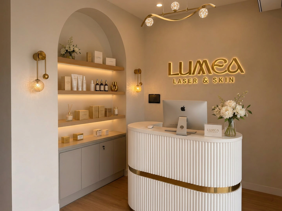 Lumea Laser & Skin reception with brass wall logo and fluted oak desk