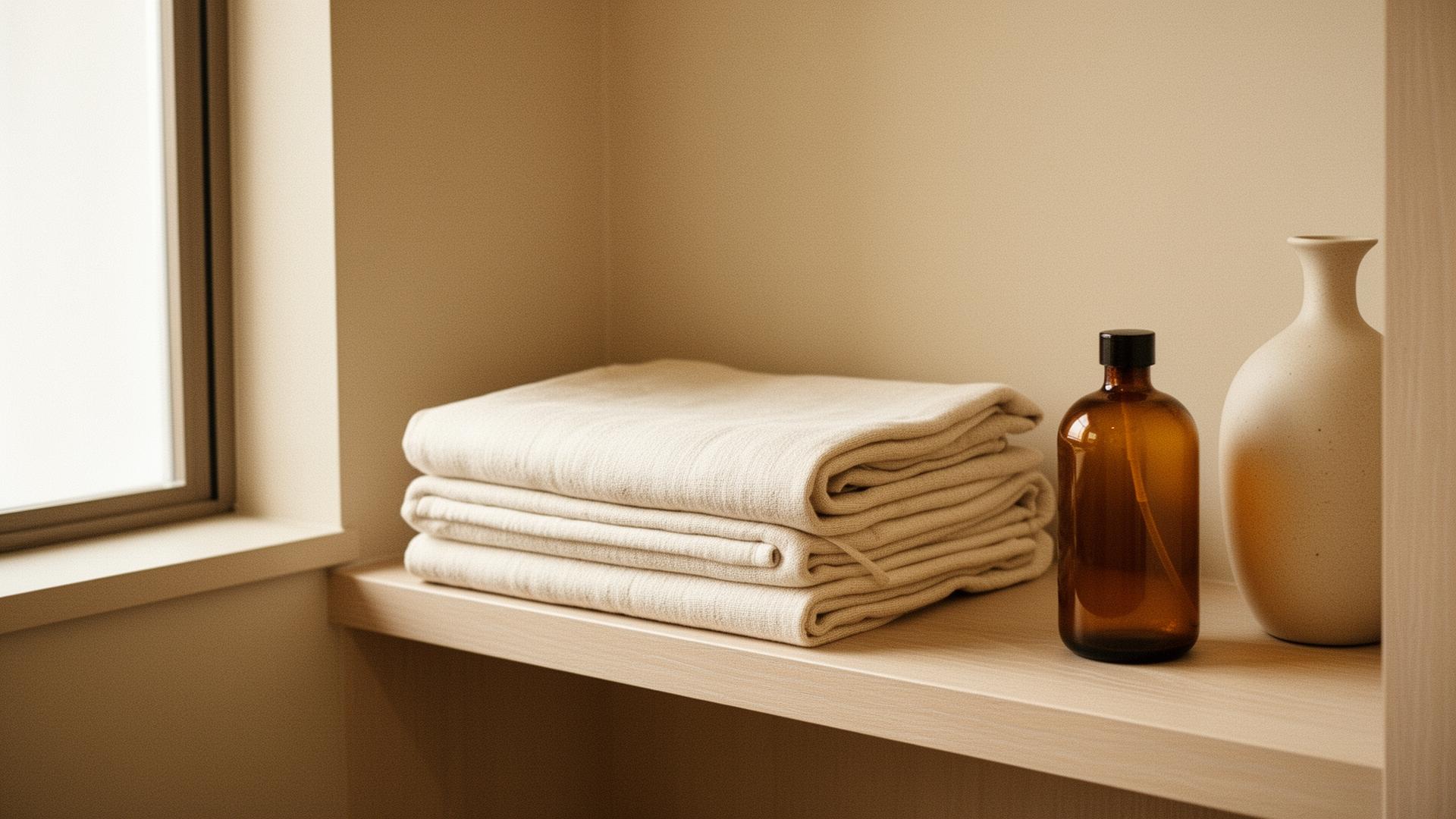 A quiet corner of the Lumea studio — folded linen, an amber bottle, a ceramic vase